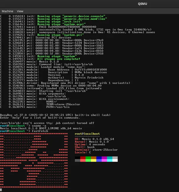 screenhsot of menix running in qemu